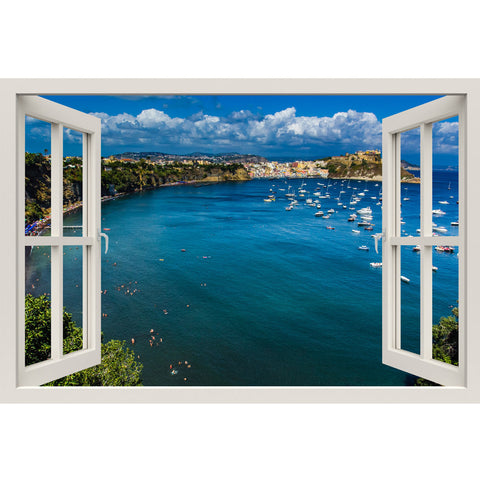 Window Frame Mural Beautiful Island - Huge size - Peel and Stick Fabric Illusion 3D Wall Decal Photo Sticker