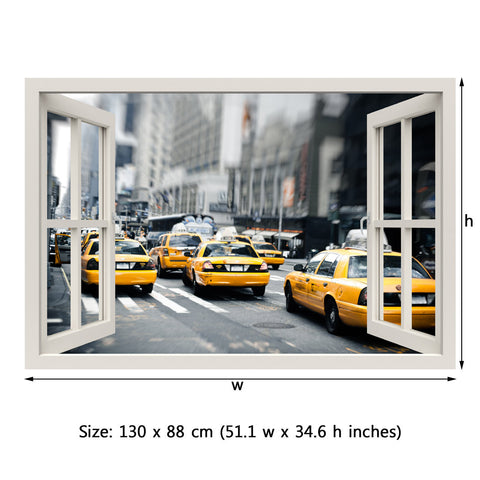 Window Frame Mural New York Cabs Taxis - Huge size - Peel and Stick Fabric Illusion 3D Wall Decal Photo Sticker