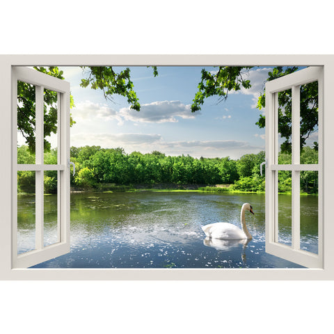Window Frame Mural Swan on the river - Huge size - Peel and Stick Fabric Illusion 3D Wall Decal Photo Sticker