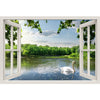 Window Frame Mural Swan on the river - Huge size - Peel and Stick Fabric Illusion 3D Wall Decal Photo Sticker