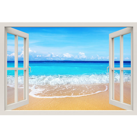 Window Frame Mural Beach - Huge size - Peel and Stick Fabric Illusion 3D Wall Decal Photo Sticker