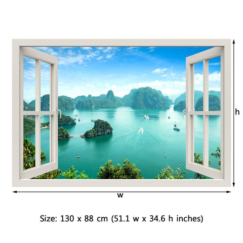 Window Frame Mural Halong Bay - Huge size - Peel and Stick Fabric Illusion 3D Wall Decal Photo Sticker