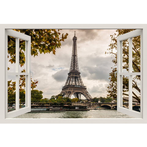 Window Frame Mural Eiffel Tower, Seine - Huge size - Peel and Stick Fabric Illusion 3D Wall Decal Photo Sticker