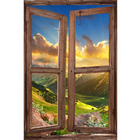 Window Wall Mural Valley during sunset, Peel and Stick Fabric Illusion 3D Wall Decal Photo Sticker