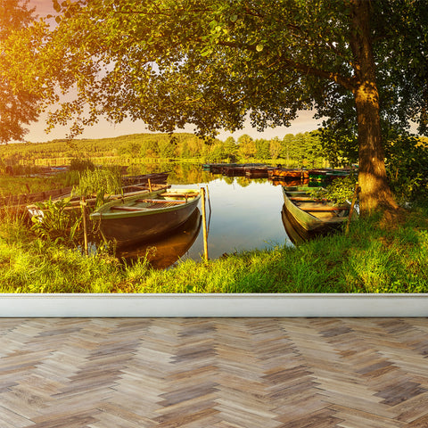 Wall Mural Boats in the harbor at Lake, Peel and Stick Fabric Wallpaper for Interior Home Decor