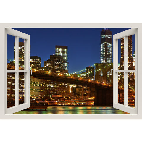 Window Frame Mural Brooklyn Bridge at night - Peel and Stick 3D Wall Decal