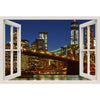 Window Frame Mural Brooklyn Bridge at night - Peel and Stick 3D Wall Decal