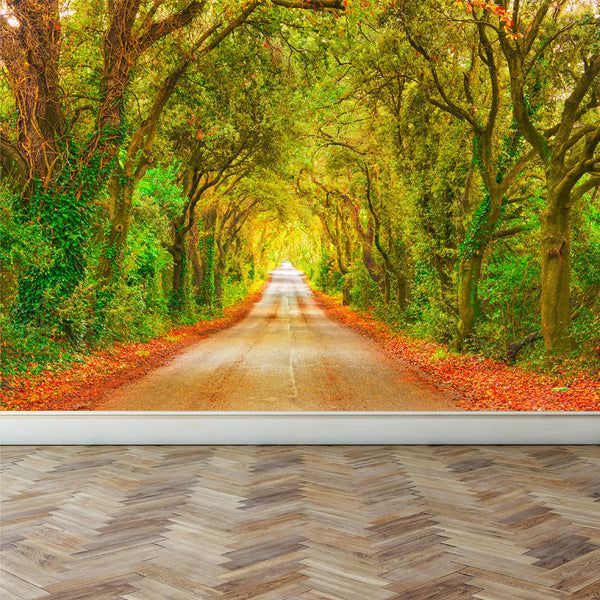 Wall Mural Straight road with trees, Peel and Stick Fabric Wallpaper