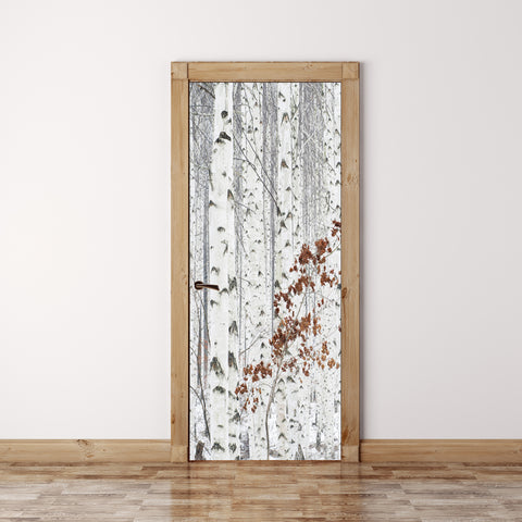 Door Mural From White birch tree - Self Adhesive Fabric Door Wrap Wall Sticker