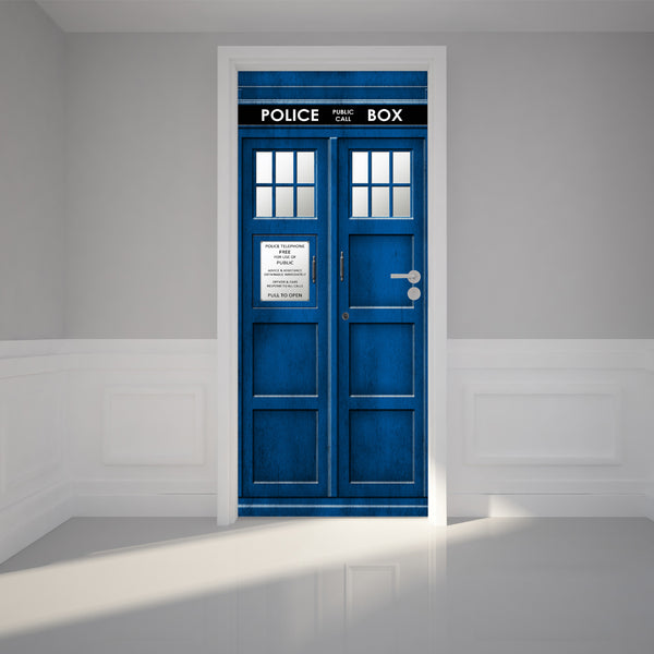 Door Wall Sticker Police Call Box - Self Adhesive Fabric Door Wrap Wall Sticker
