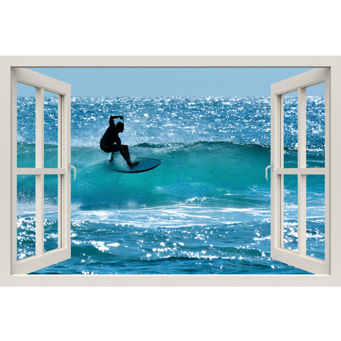 Window Frame Mural Surfers - Peel and Stick 3D Wall Decal