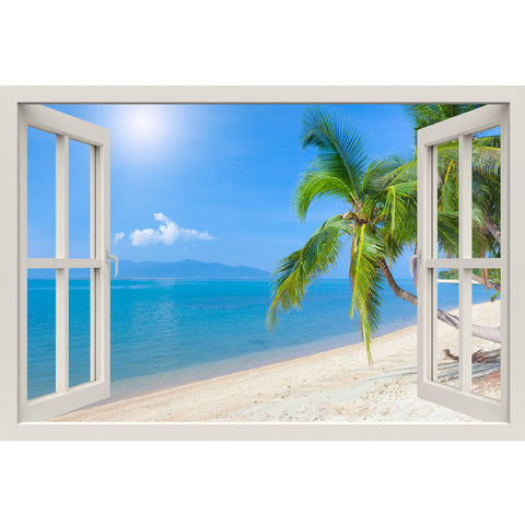 Window Frame Mural Tropical beach with coconut palm - Peel and Stick 3D Wall Decal