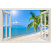 Window Frame Mural Tropical beach with coconut palm - Peel and Stick 3D Wall Decal