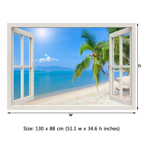 Window Frame Mural Tropical beach with coconut palm - Peel and Stick 3D Wall Decal