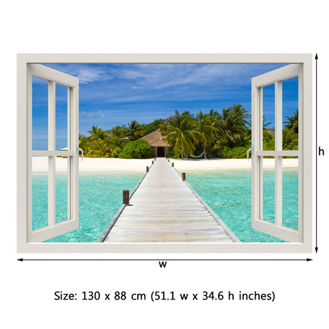 Window Frame Mural Beach on a Tropical Island - Peel and Stick 3D Wall Decal