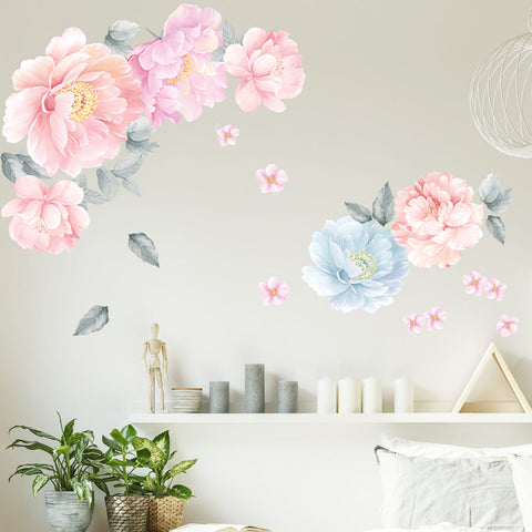Peony Flowers Wall Decal Watercolor Floral Flowers Peel and Stick Fabric Stickers