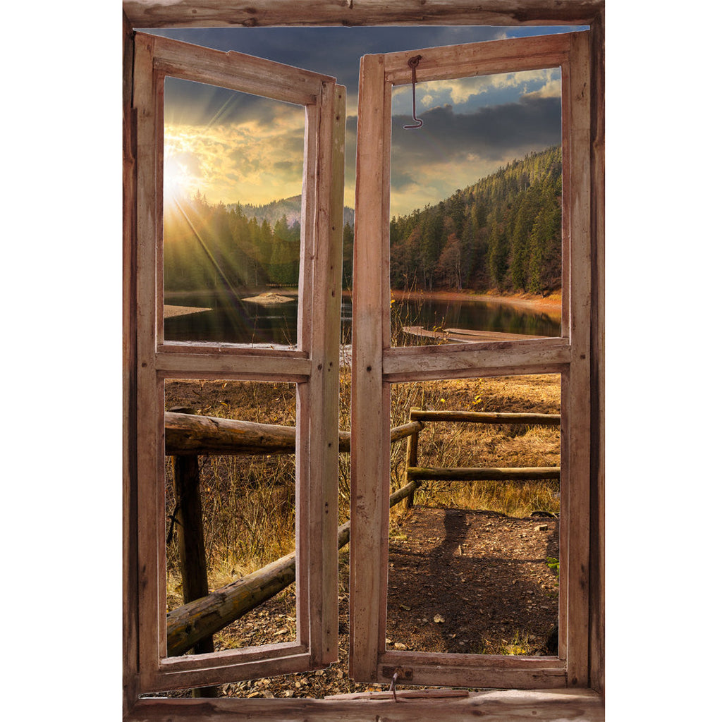 Enhance Your Home Decor with a Window Wall Mural near the Mountain at Sunset
