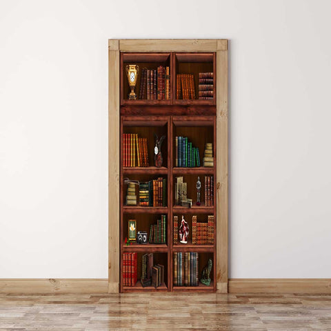 Door Mural Bookcase filled with books - Self Adhesive Fabric Door Wrap Wall Sticker