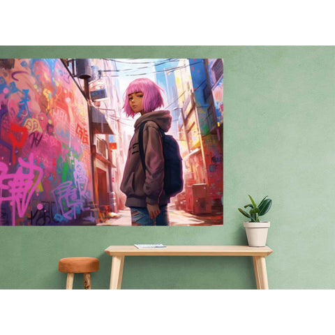Wall Mural Anime style pink hair girl - Peel and Stick Fabric Wallpaper for Interior Home Decor