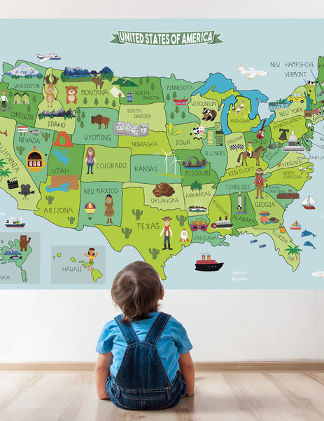 Map of United States Fabric Sticker, Peel and Stick Removable USA Wall Decal