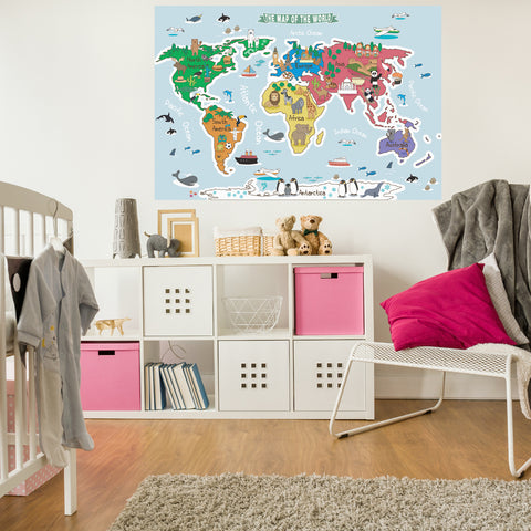 The Map of the World Fabric Sticker, Peel and Stick Removable World Wall Decal