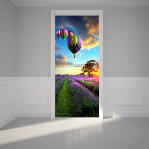 Door Wall Sticker Lavender fields with hot air balloons - Peel & Stick Repositionable Fabric Mural 31"w x 79"h (80 x 200cm)