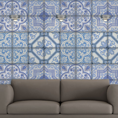 Moroccan Bule Tiles Stickers Ameur - Pack of 16 tiles - Tile Decals Art for Walls Kitchen backsplash Bathroom