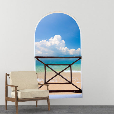 Arch balcony 3D Wall Mural Huge size - Clear sky above the ocean - Removable Peel and stick Fabric Decal