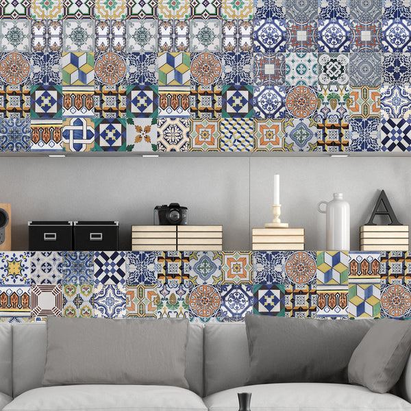 Portuguese Tiles Stickers Amadora - Pack of 36 tiles - Tile Decals Art for Walls Kitchen backsplash Bathroom