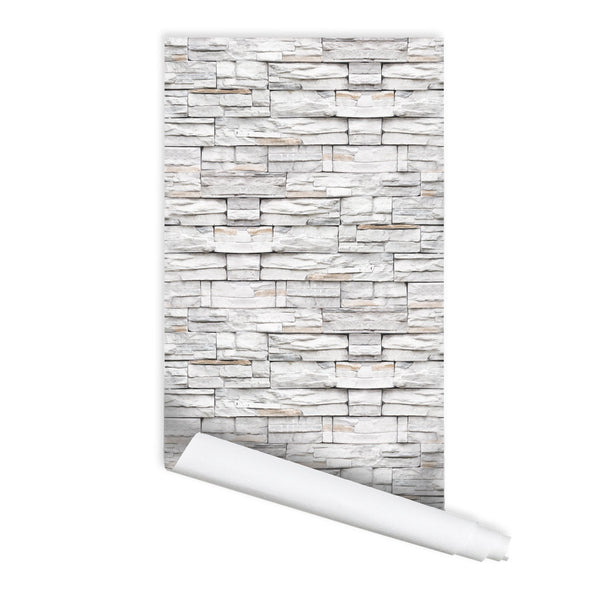 White Stone Wall Pattern 02 Peel & Stick Repositionable Fabric Wallpaper