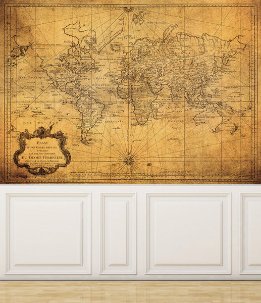 Wall Mural Vintage Map of the World, Peel and Stick Repositionable Fabric Wallpaper for Interior Home Decor