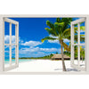 Window Frame Mural Tropical Beach - Huge size - Peel and Stick Fabric Illusion 3D Wall Decal Photo Sticker