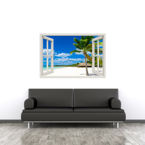 Window Frame Mural Tropical Beach - Huge size - Peel and Stick Fabric Illusion 3D Wall Decal Photo Sticker