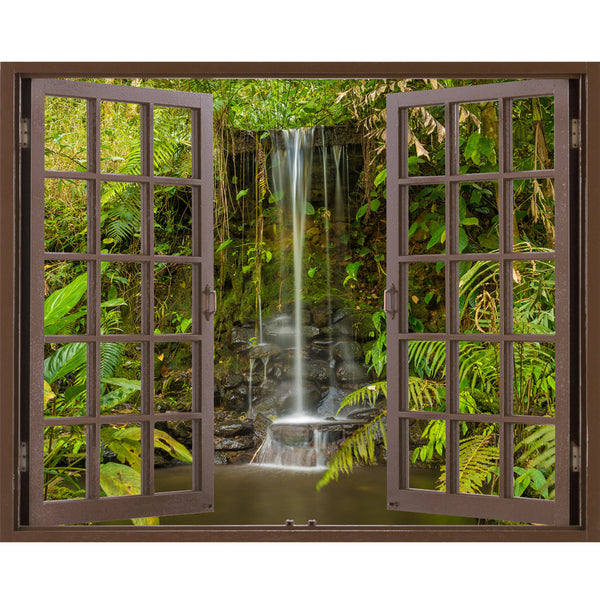 Window Frame Mural Waterfall in the forest - Huge size - Peel and Stick Fabric Illusion 3D Wall Decal Photo Sticker