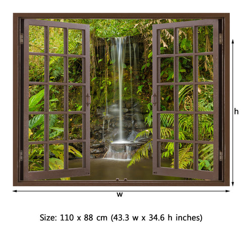 Window Frame Mural Waterfall in the forest - Huge size - Peel and Stick Fabric Illusion 3D Wall Decal Photo Sticker