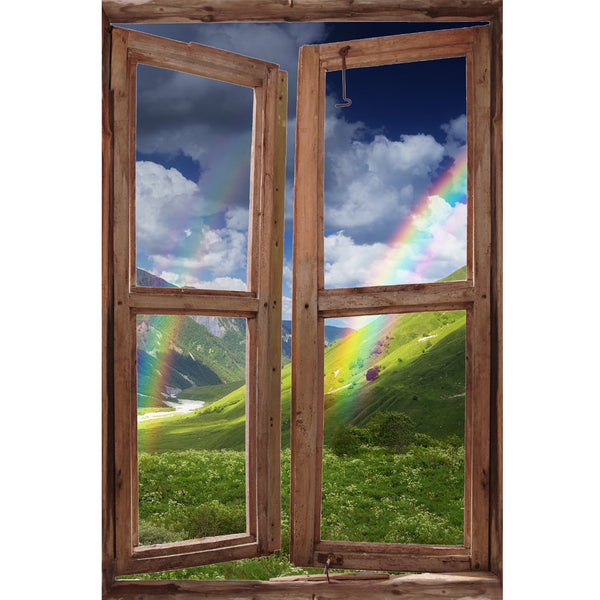Window Wall Mural Rainbow in the Mountains, Peel and Stick Fabric Illusion 3D Wall Decal Photo Sticker