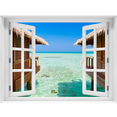 Window Wall Mural Bungalows on the sea, Peel and Stick Fabric Illusion 3D Wall Decal Photo Sticker