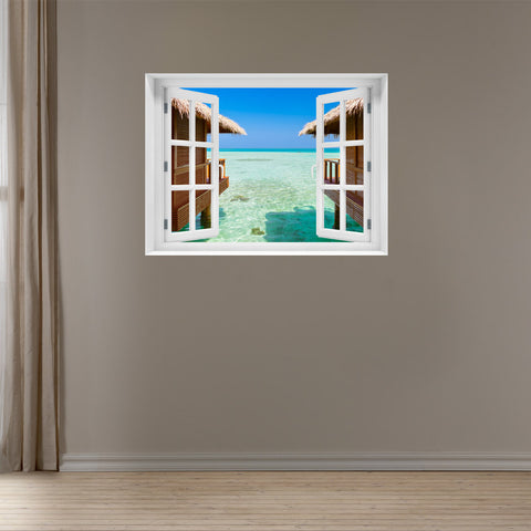 Window Wall Mural Bungalows on the sea, Peel and Stick Fabric Illusion 3D Wall Decal Photo Sticker