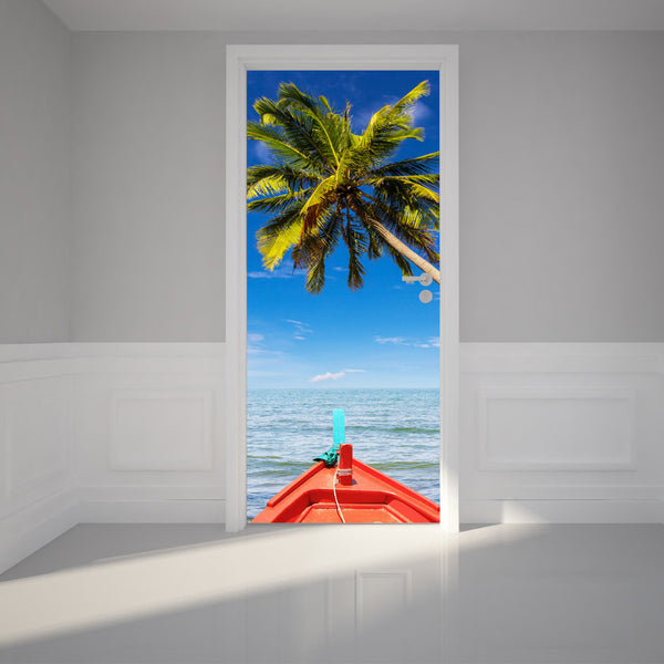 Door Wall Sticker Boat travel - Peel & Stick Repositionable Fabric Mural 31"w x 79"h (80 x 200cm)