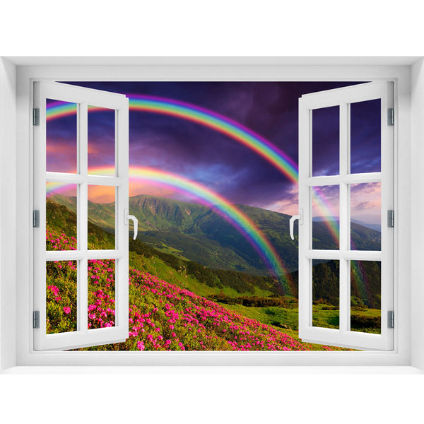 Window Wall Mural Rainbow over the flowers, Peel and Stick Fabric Illusion 3D Wall Decal Photo Sticker