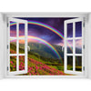 Window Wall Mural Rainbow over the flowers, Peel and Stick Fabric Illusion 3D Wall Decal Photo Sticker