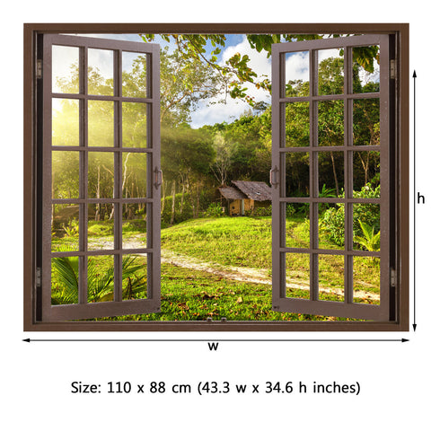 Window Frame Mural House and garden - Huge size - Peel and Stick Fabric Illusion 3D Wall Decal Photo Sticker