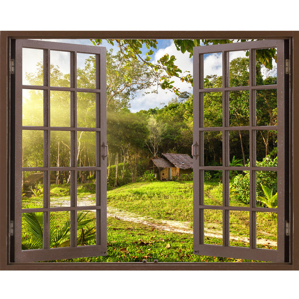 Window Frame Mural House and garden - Huge size - Peel and Stick Fabric Illusion 3D Wall Decal Photo Sticker