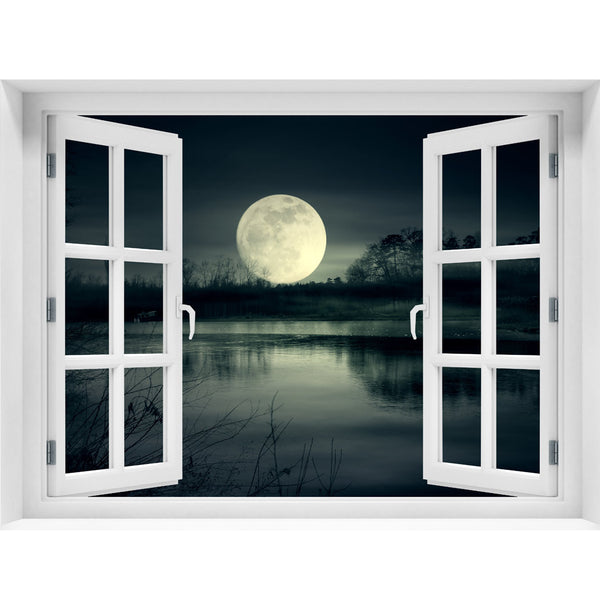 Window Wall Mural Full moon rise, Peel and Stick Fabric Illusion 3D Wall Decal Photo Sticker