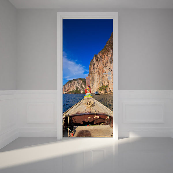 Door Wall Sticker Head of longtail boat - Peel & Stick Repositionable Fabric Mural 31"w x 79"h (80 x 200cm)