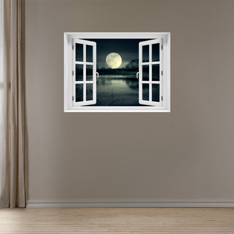 Window Wall Mural Full moon rise, Peel and Stick Fabric Illusion 3D Wall Decal Photo Sticker