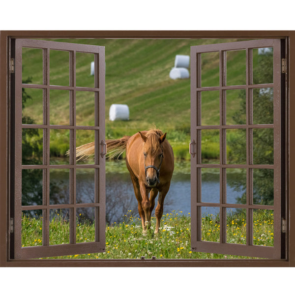 Window Frame Mural Walking in silence the Horse - Huge size - Peel and Stick Fabric Illusion 3D Wall Decal Photo Sticker