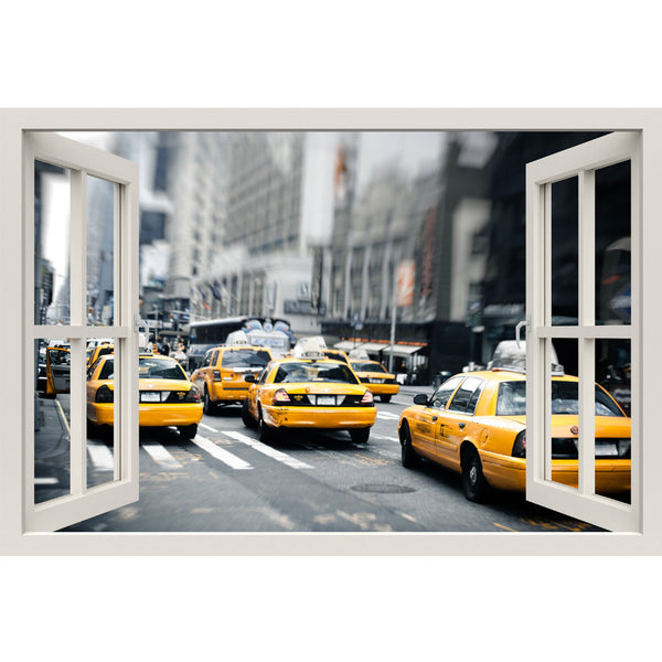 Window Frame Mural New York Cabs Taxis - Huge size - Peel and Stick Fabric Illusion 3D Wall Decal Photo Sticker