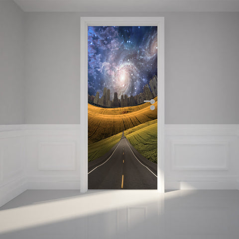 Door Wall Sticker Road to fantasy city - Peel & Stick Repositionable Fabric Mural 31"w x 79"h (80 x 200cm)