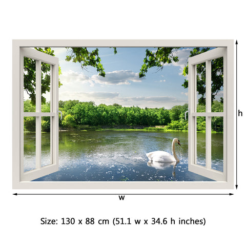 Window Frame Mural Swan on the river - Huge size - Peel and Stick Fabric Illusion 3D Wall Decal Photo Sticker